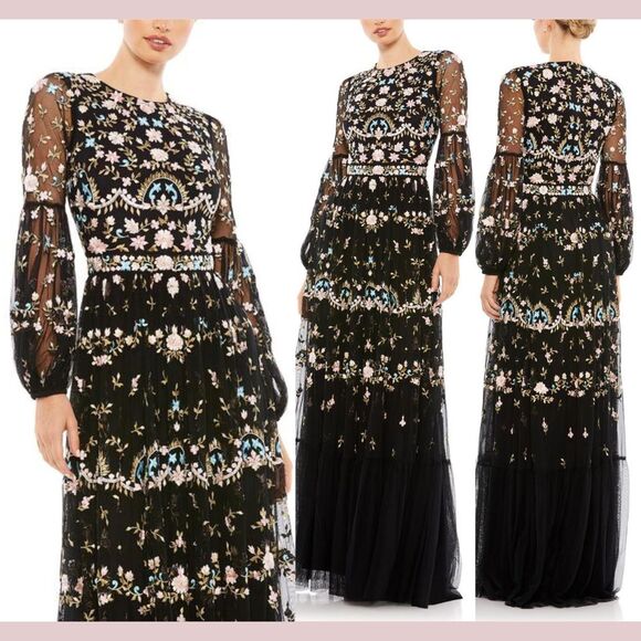 NEW Mac‎ Duggal [ 4 ] 35111 Floral Embroidered Blouson Sleeve Gown Black - Picture 1 of 15